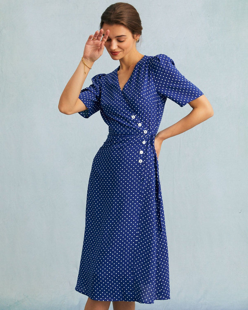 The Blue Polka Dot Wrap Midi Dress Dresses - RIHOAS