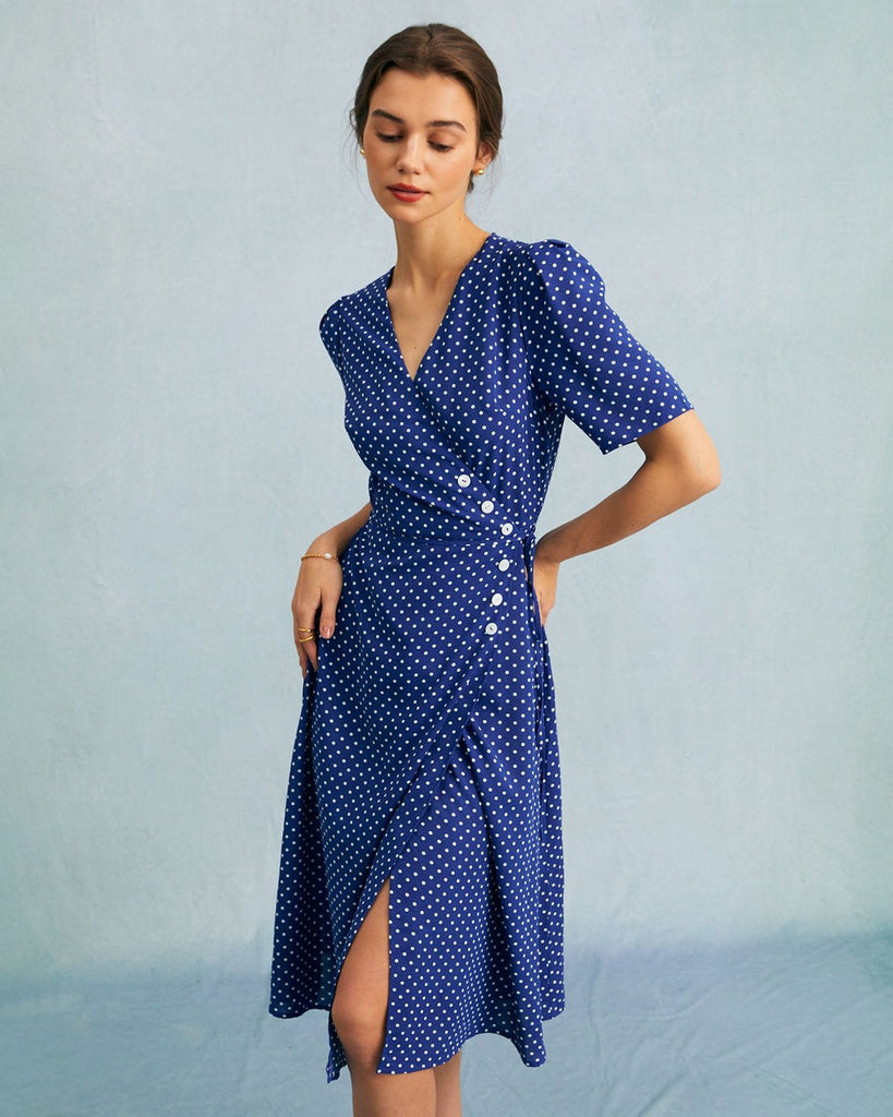 The Blue Polka Dot Wrap Midi Dress Dresses - RIHOAS