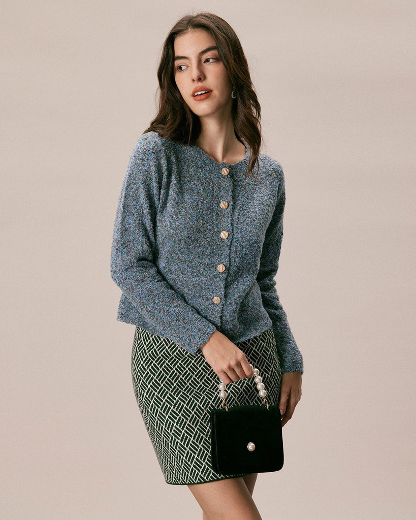 The Blue Round Neck Button Cardigan Tops - RIHOAS