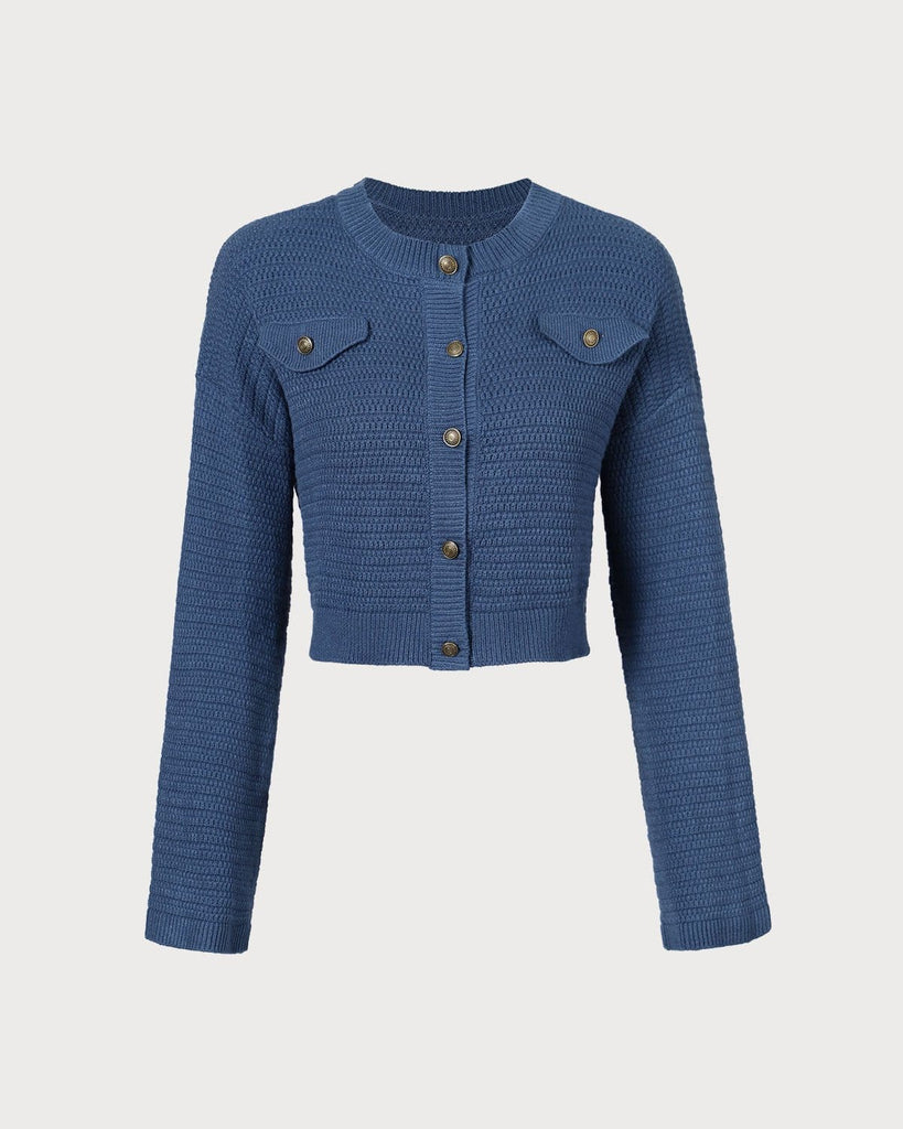 The Blue Round Neck Solid Cardigan Blue Tops - RIHOAS