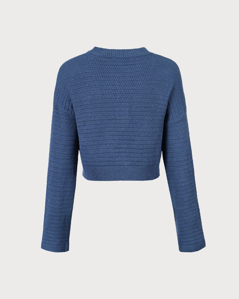 The Blue Round Neck Solid Cardigan Tops - RIHOAS
