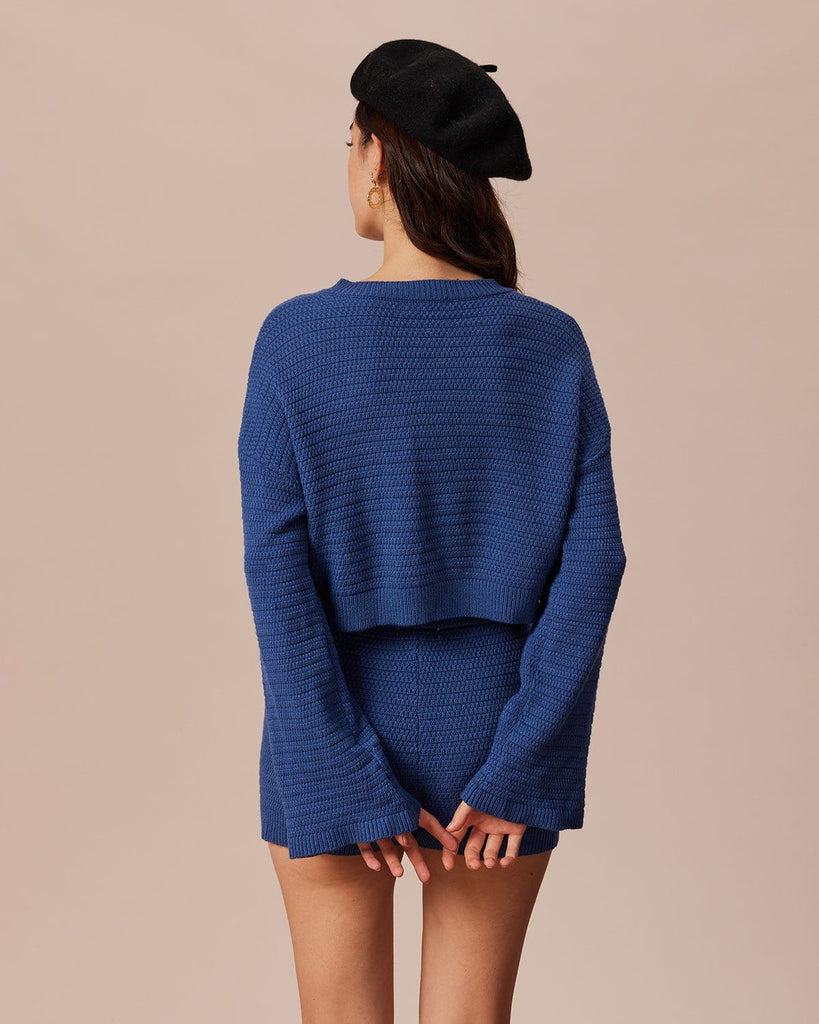 The Blue Round Neck Solid Cardigan Tops - RIHOAS