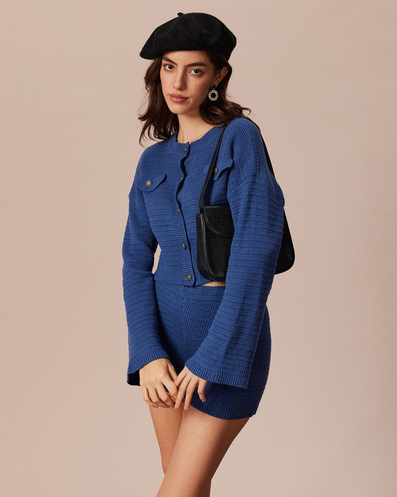 The Blue Round Neck Solid Cardigan Tops - RIHOAS