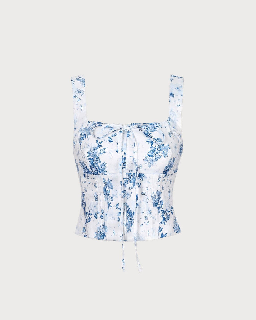 The Blue Square Neck Floral Tank Top Blue Tops - RIHOAS