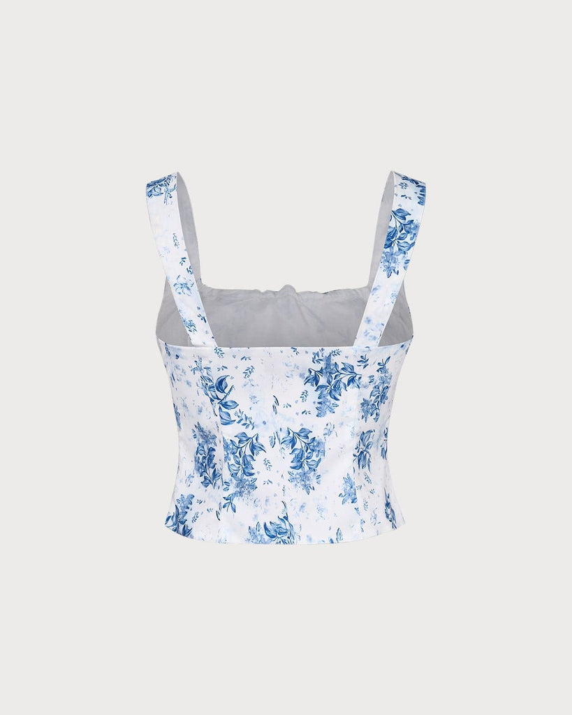 The Blue Square Neck Floral Tank Top Tops - RIHOAS