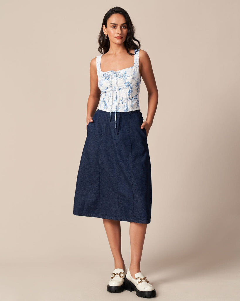 The Blue Square Neck Floral Tank Top Tops - RIHOAS