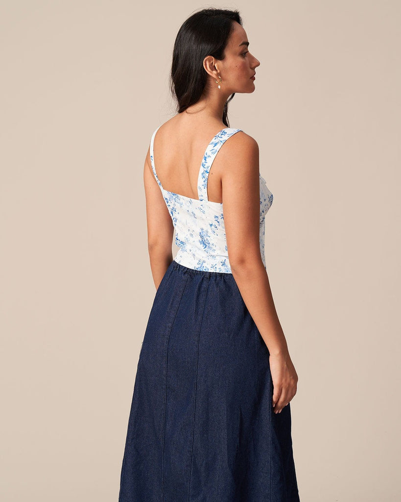 The Blue Square Neck Floral Tank Top Tops - RIHOAS