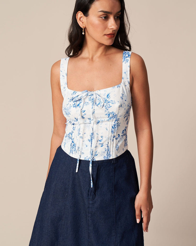 The Blue Square Neck Floral Tank Top Tops - RIHOAS