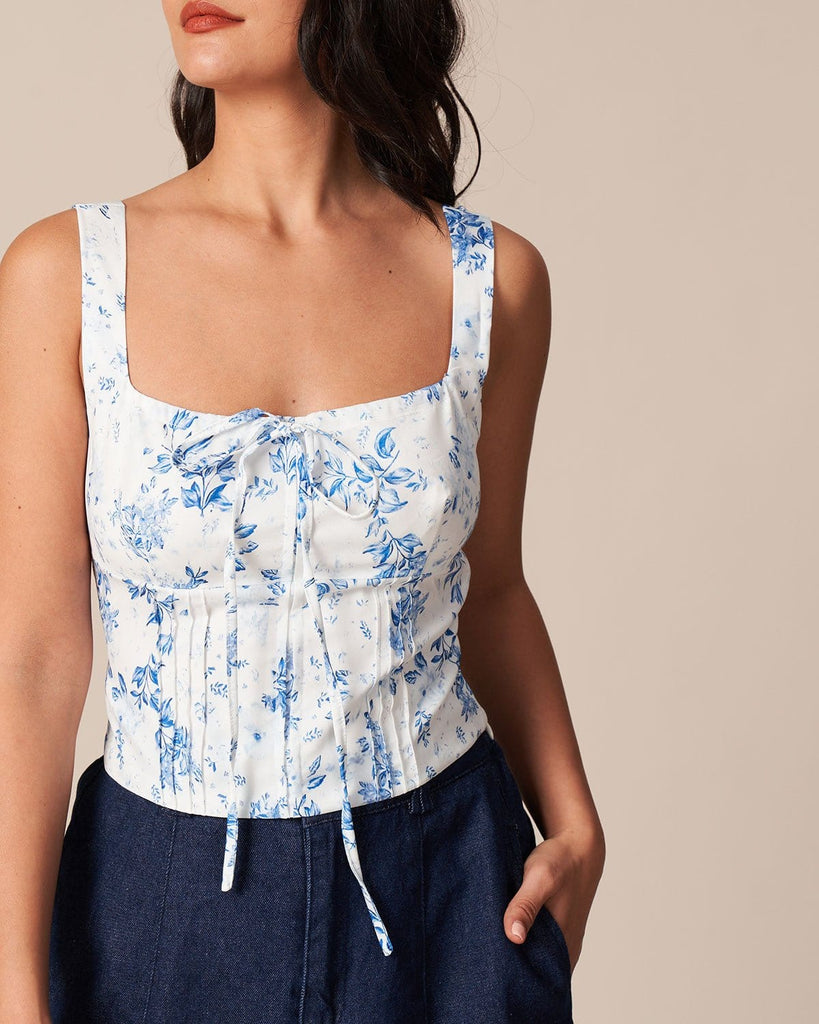 The Blue Square Neck Floral Tank Top Tops - RIHOAS