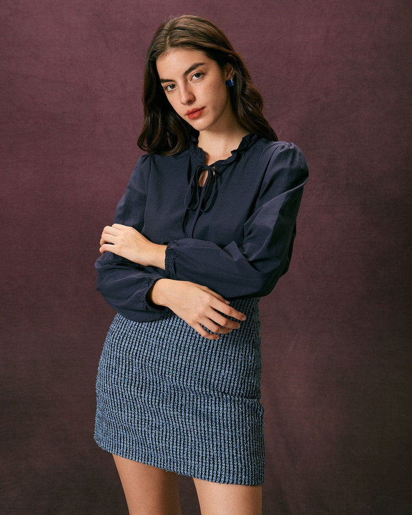 The Blue Tie-Neck Ruffle Blouse Tops - RIHOAS