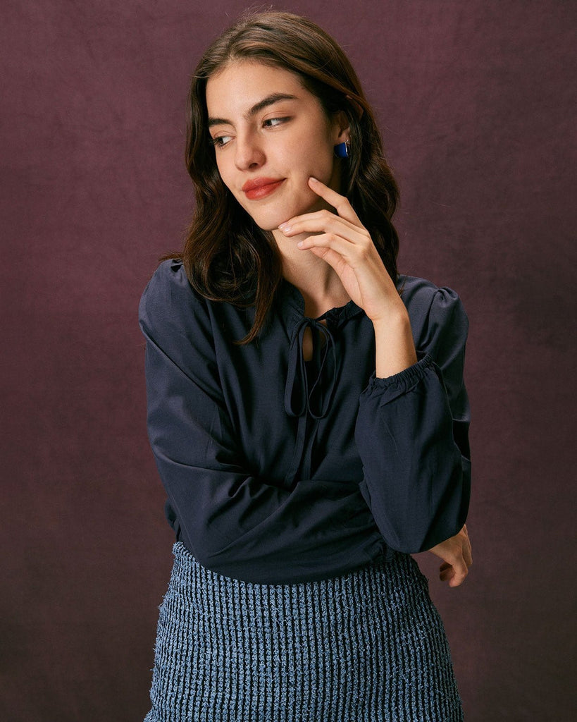 The Blue Tie-Neck Ruffle Blouse Tops - RIHOAS
