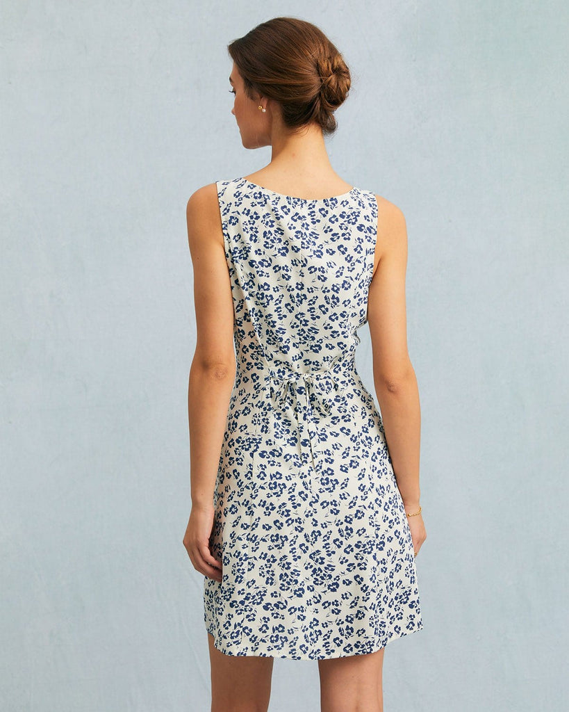 The Blue V-Neck Floral A-line Mini Dress Dresses - RIHOAS