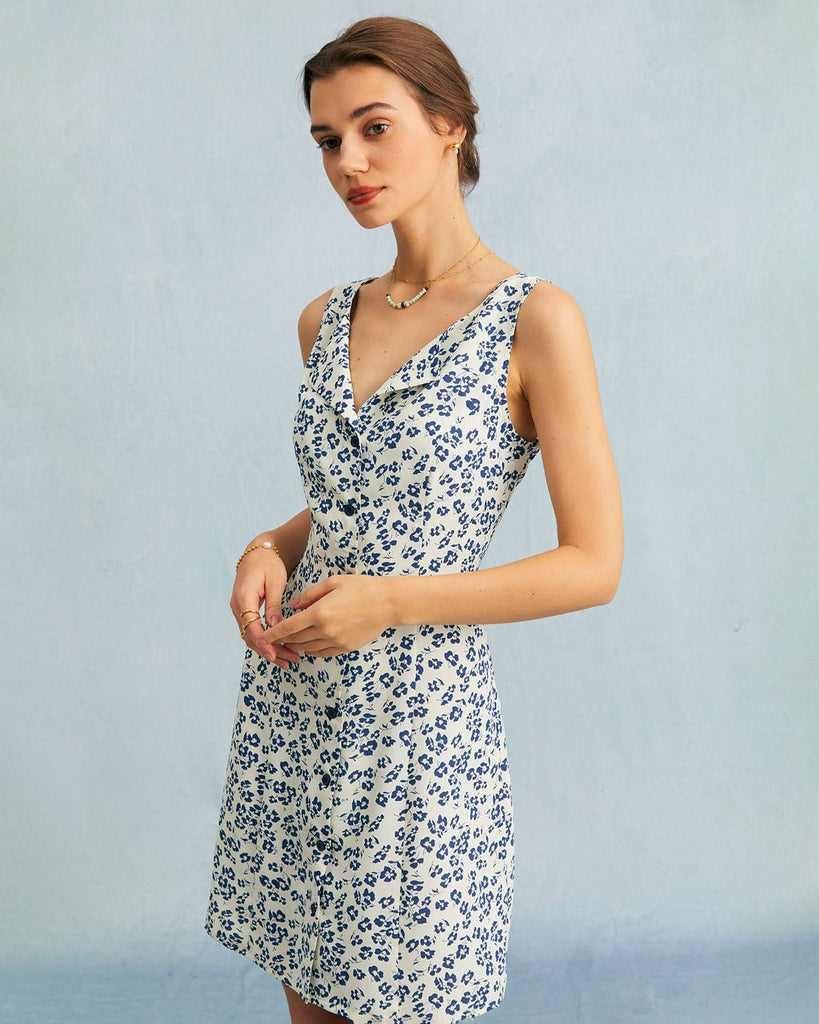 The Blue V-Neck Floral A-line Mini Dress Dresses - RIHOAS