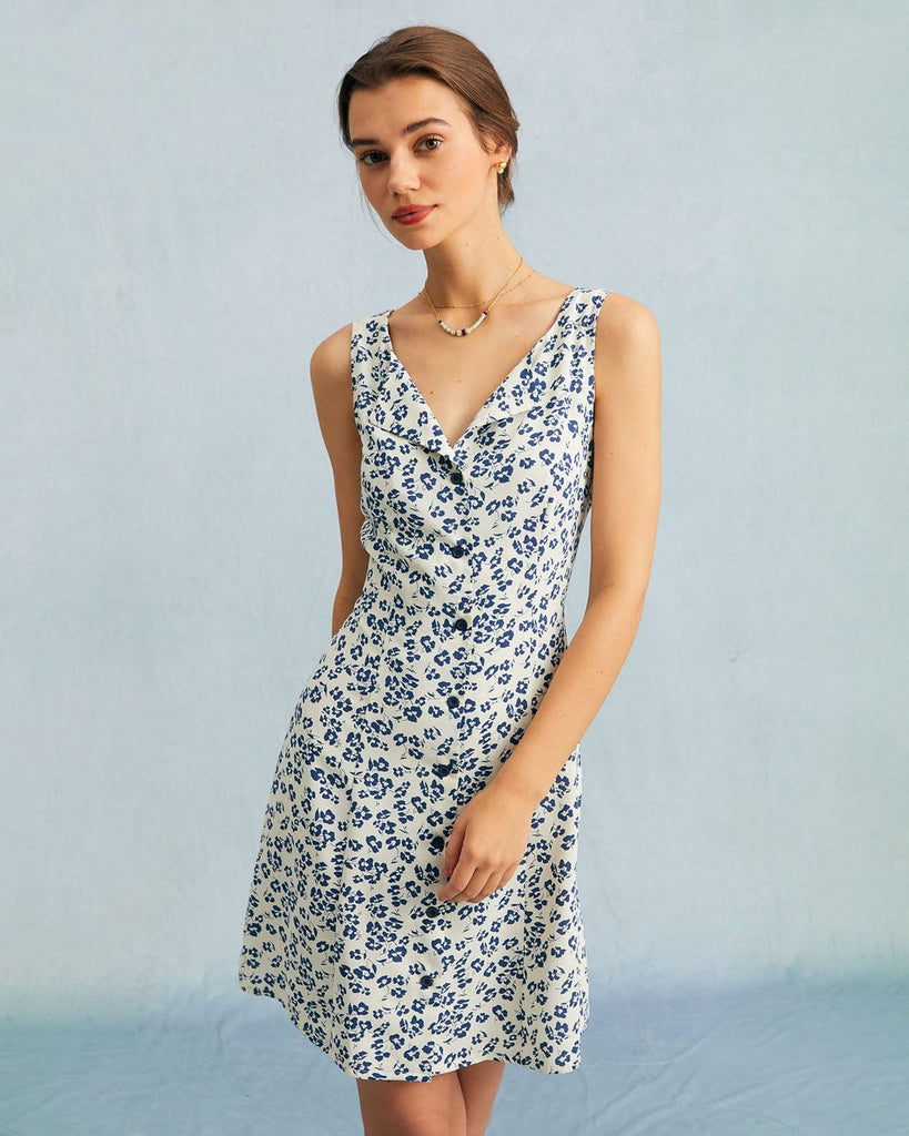 The Blue V-Neck Floral A-line Mini Dress Dresses - RIHOAS