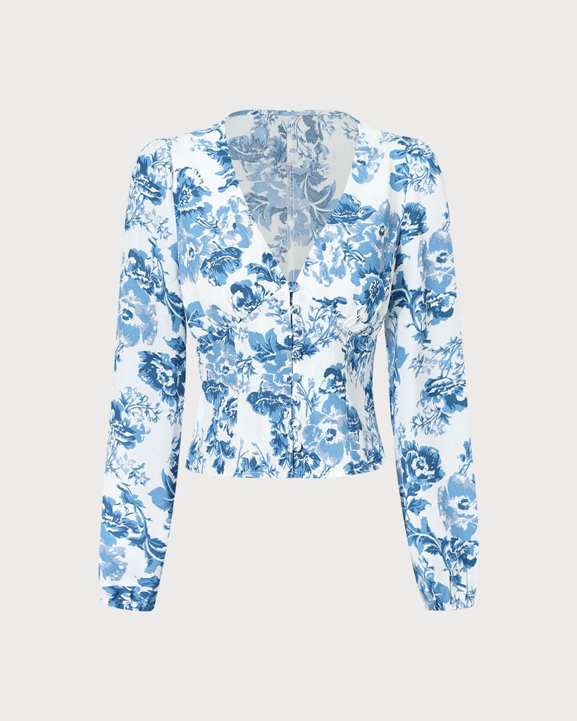 The Blue V-Neck Floral Lantern Sleeve Blouse Blue Tops - RIHOAS