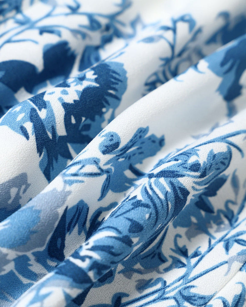 The Blue V-Neck Floral Lantern Sleeve Blouse Tops - RIHOAS