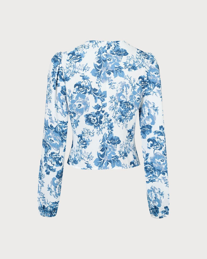 The Blue V-Neck Floral Lantern Sleeve Blouse Tops - RIHOAS