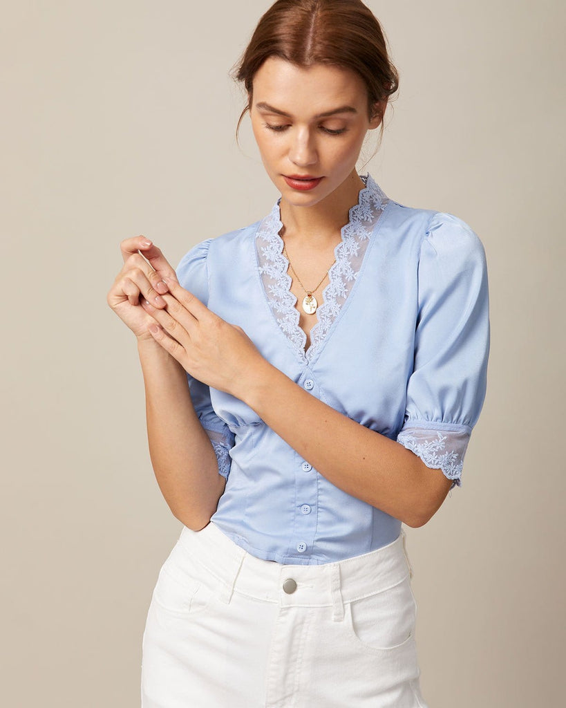 The Blue V-Neck Lace Trim Satin Blouse Tops - RIHOAS