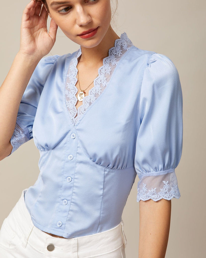 The Blue V-Neck Lace Trim Satin Blouse Tops - RIHOAS