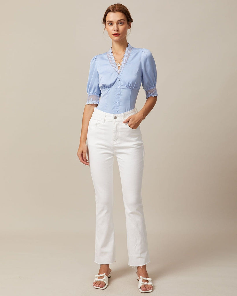 The Blue V-Neck Lace Trim Satin Blouse Tops - RIHOAS