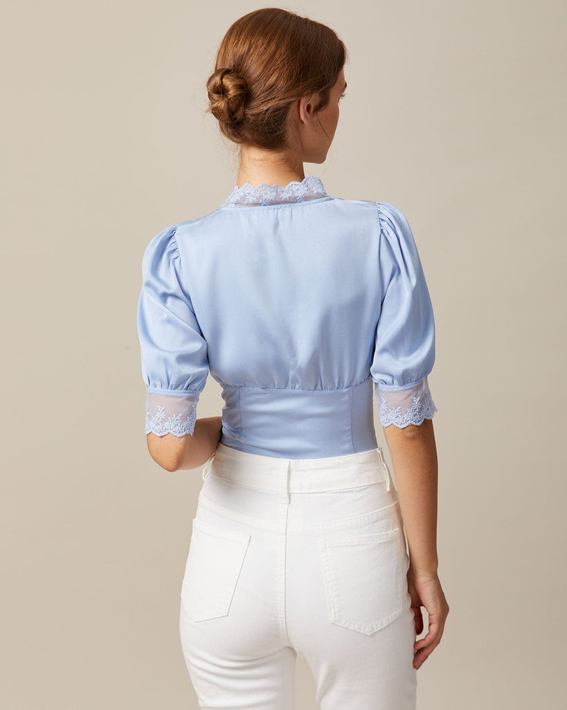 The Blue V-Neck Lace Trim Satin Blouse Tops - RIHOAS