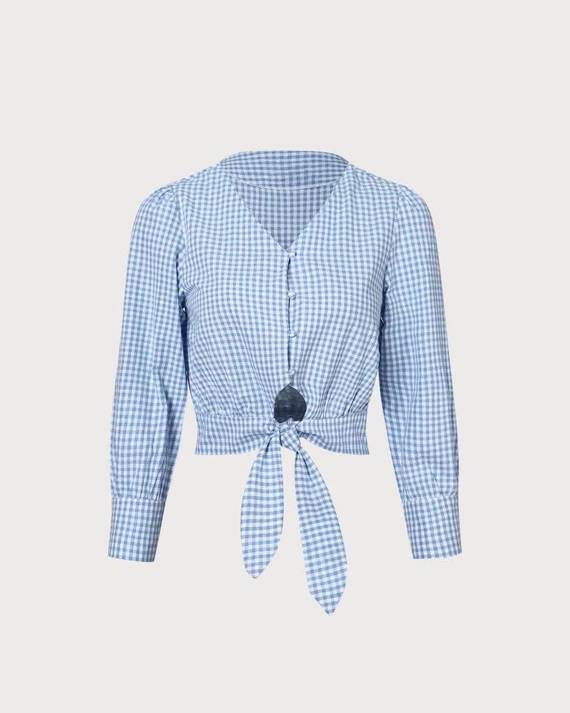 The Blue V-Neck Plaid Blouse Blue Tops - RIHOAS