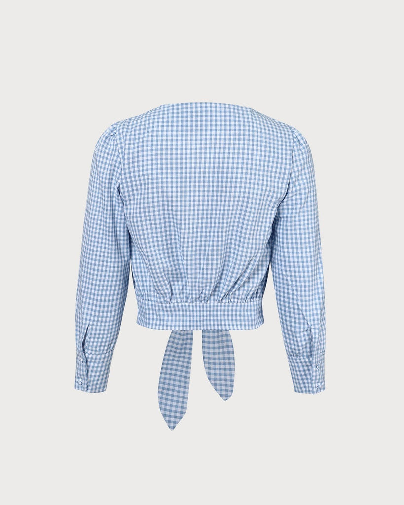The Blue V-Neck Plaid Blouse Tops - RIHOAS