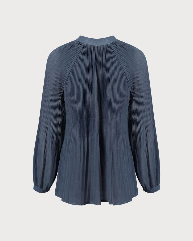 The Blue V-Neck Pleated Tie Shirt Tops - RIHOAS