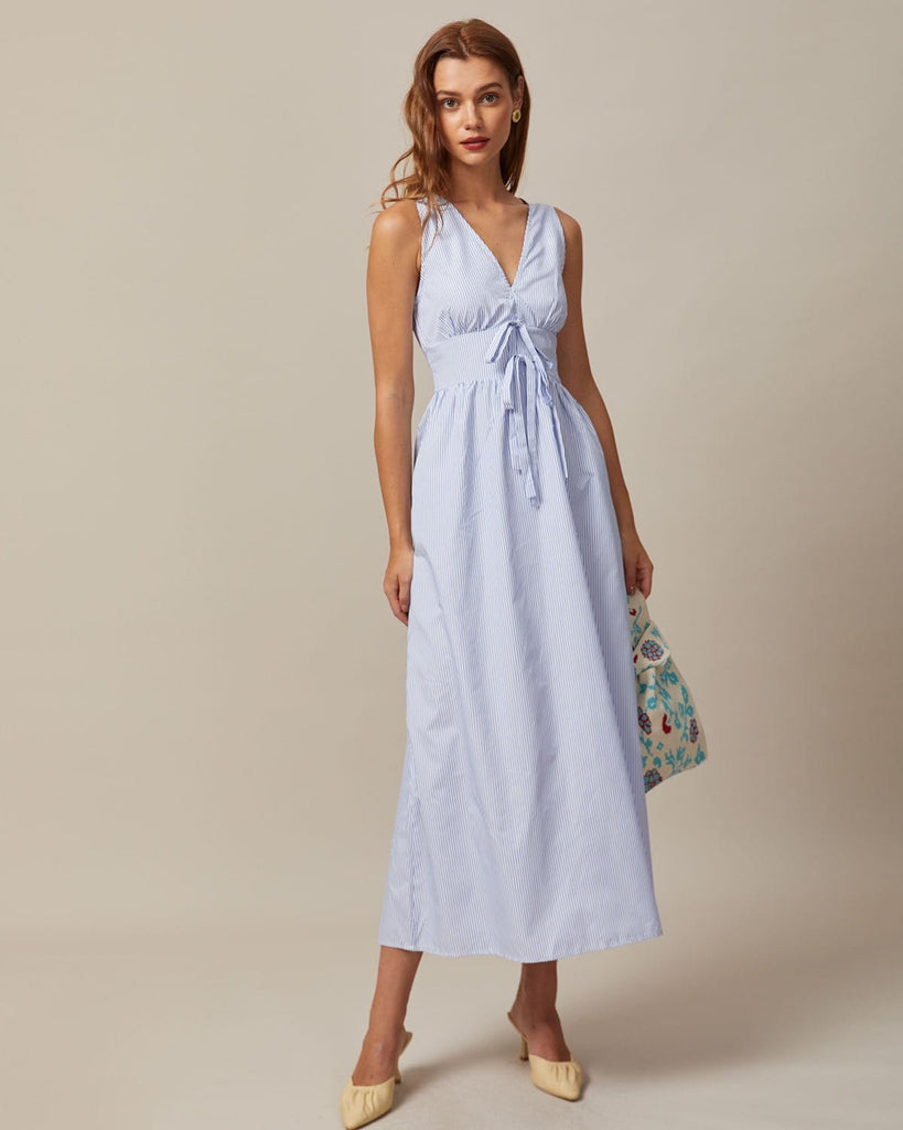 The Blue V-Neck Sleeveless Striped Maxi Dress Dresses - RIHOAS