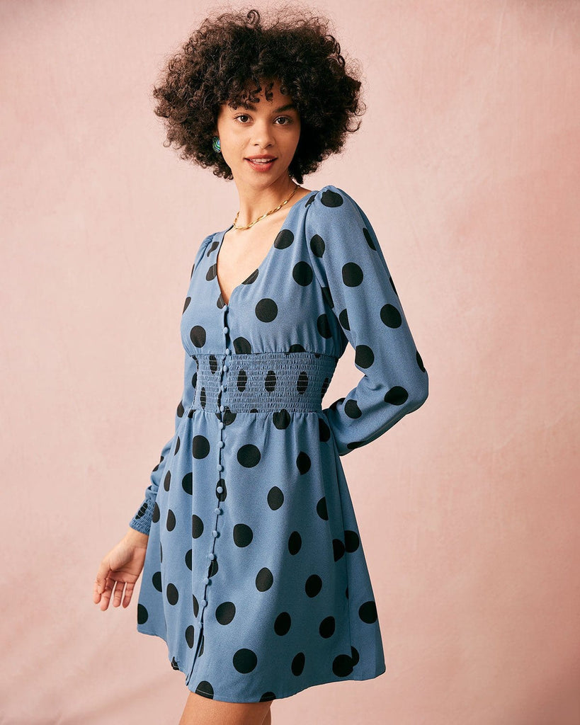 The Blue V Neck Polka-Dot Dress Dresses - RIHOAS