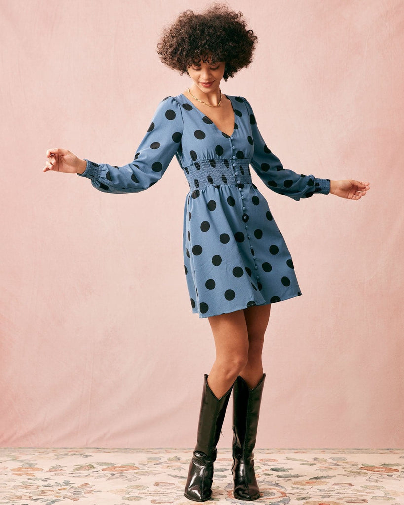 The Blue V Neck Polka-Dot Dress Dresses - RIHOAS