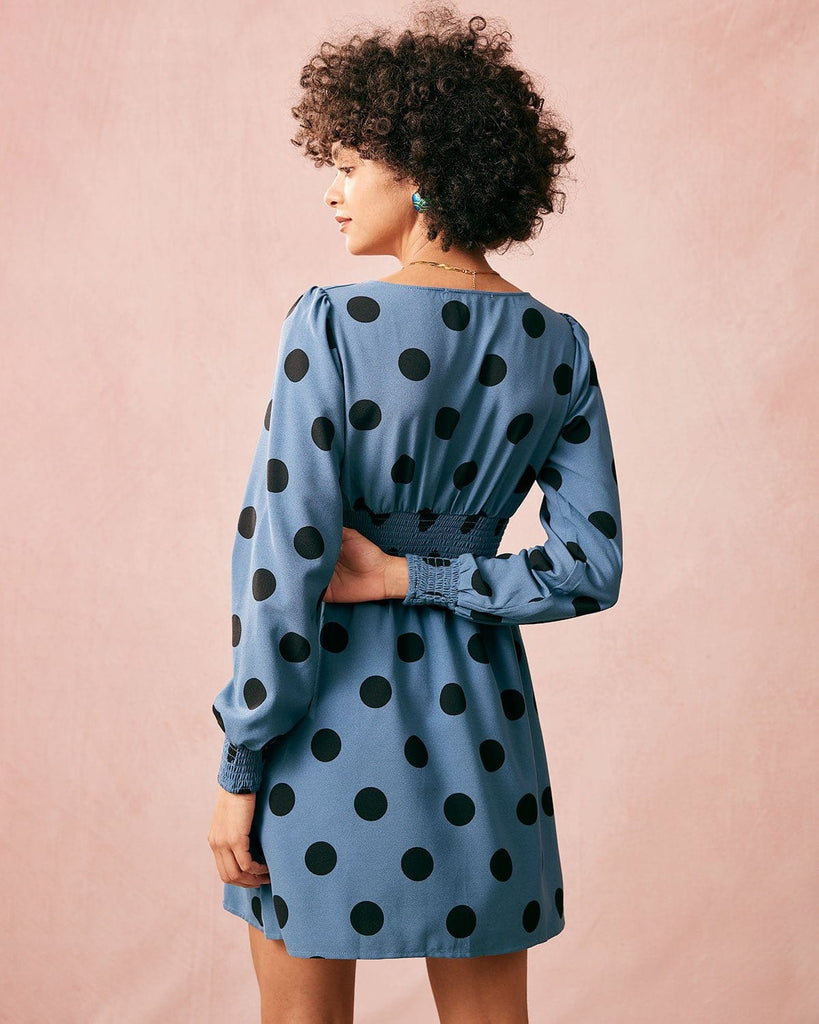 The Blue V Neck Polka-Dot Dress Dresses - RIHOAS