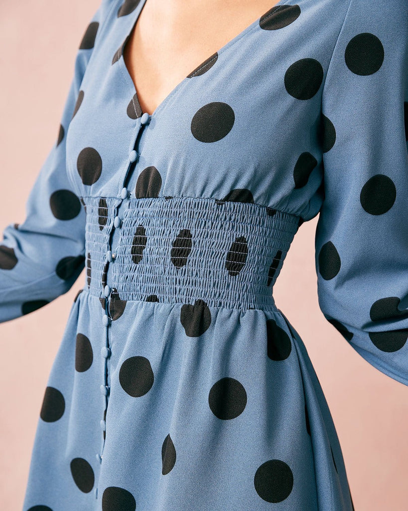 The Blue V Neck Polka-Dot Dress Dresses - RIHOAS