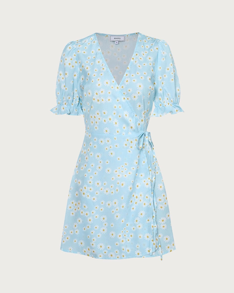 The Blue Wrap Daisy Mini Dress Blue Dresses - RIHOAS