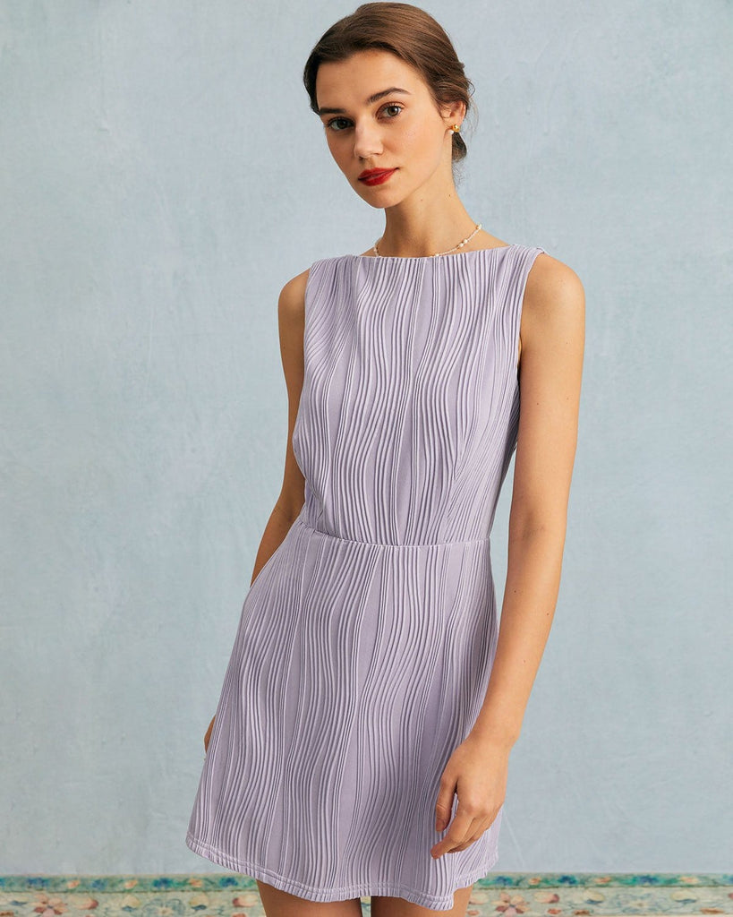 The Boat Neck Backless Textured Mini Dress Purple Dresses - RIHOAS