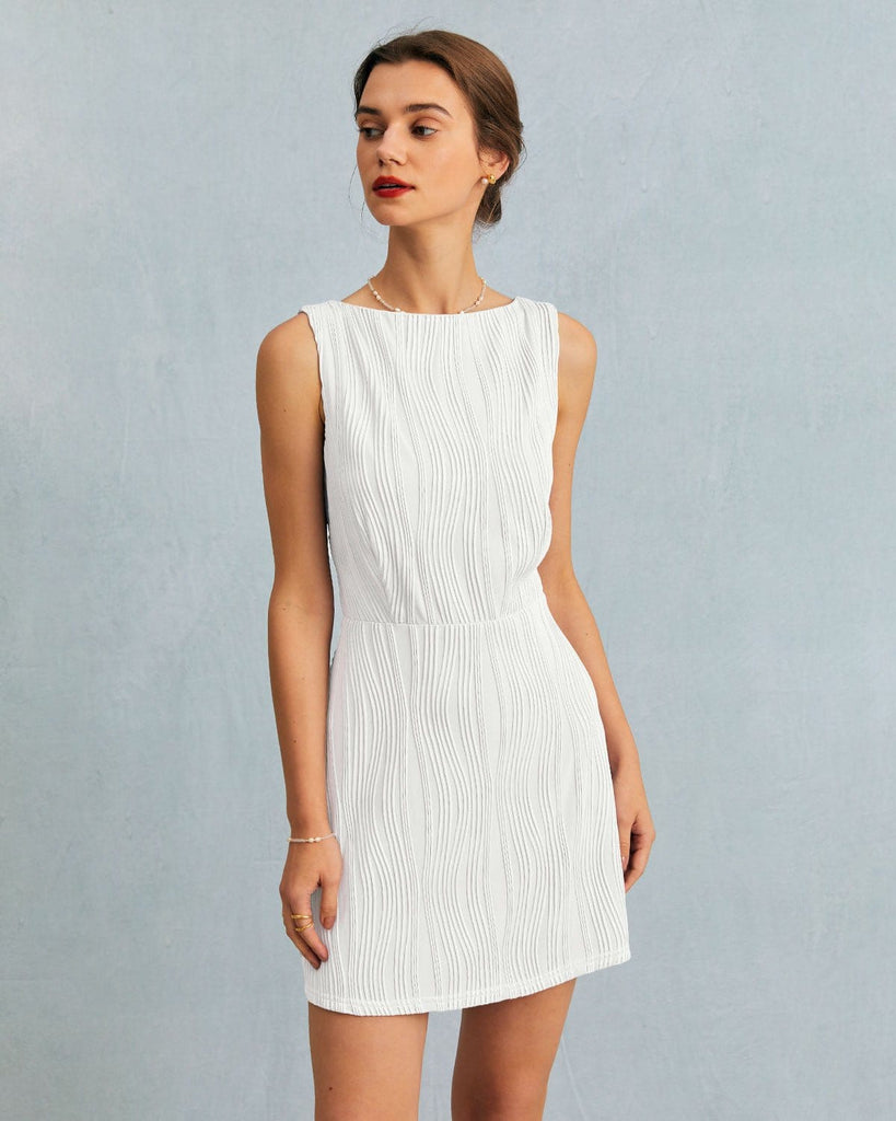 The Boat Neck Backless Textured Mini Dress White Dresses - RIHOAS