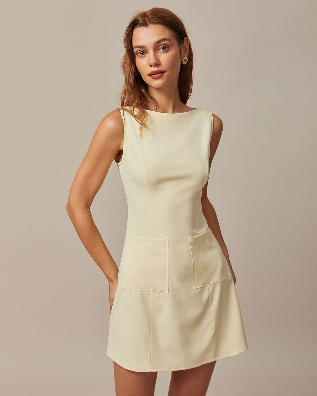 The Boat Neck Pocket Mini Dress Yellow Dresses - RIHOAS