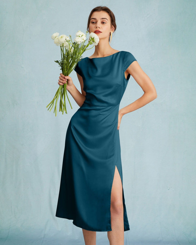 The Boat Neck Satin Slit Midi Dress Navy Dresses - RIHOAS