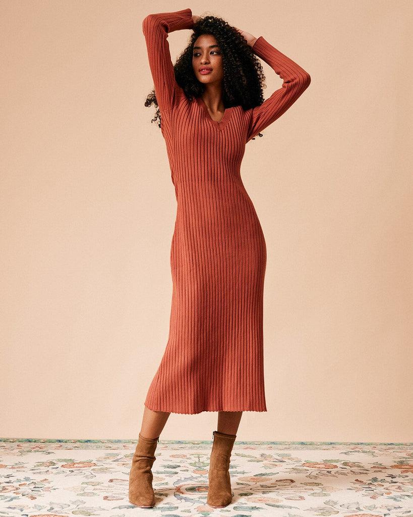 The Bodycon Sweater Dress Brick Red Dresses - RIHOAS
