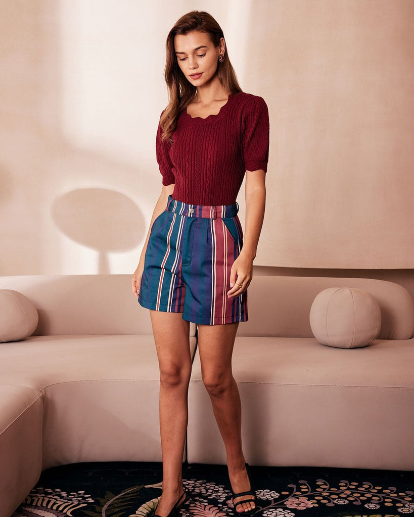 The Brick Red Scalloped Pointelle Knit Tee Brick Red Tops - RIHOAS
