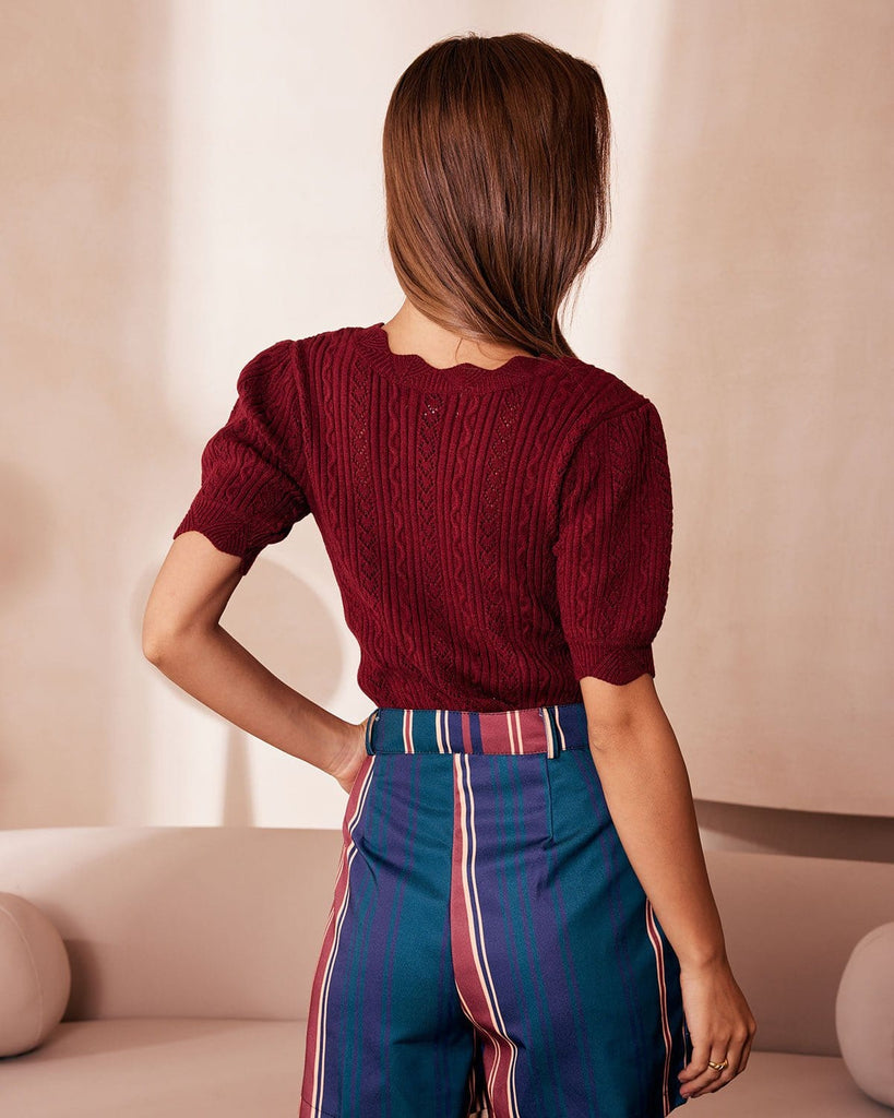 The Brick Red Scalloped Pointelle Knit Tee Tops - RIHOAS