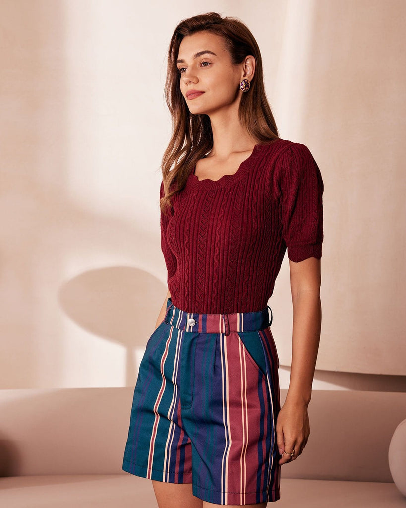 The Brick Red Scalloped Pointelle Knit Tee Tops - RIHOAS
