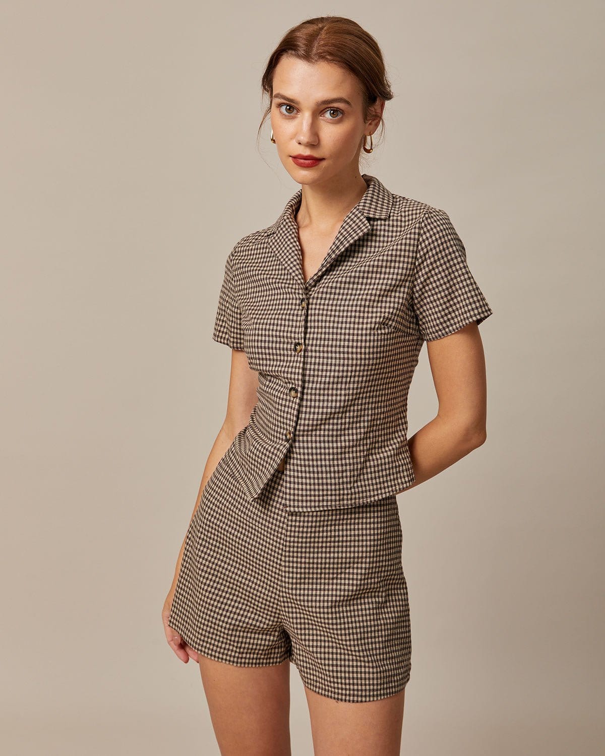 Lapel Gingham Short Sleeve Blouse