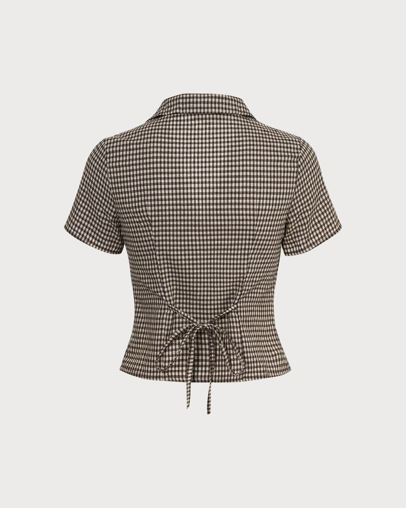 The Brown Collared Plaid Blouse Tops - RIHOAS