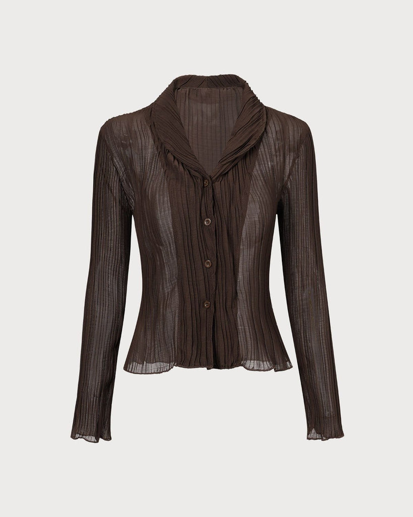 The Brown Collared Pleated Shirt Brown Tops - RIHOAS