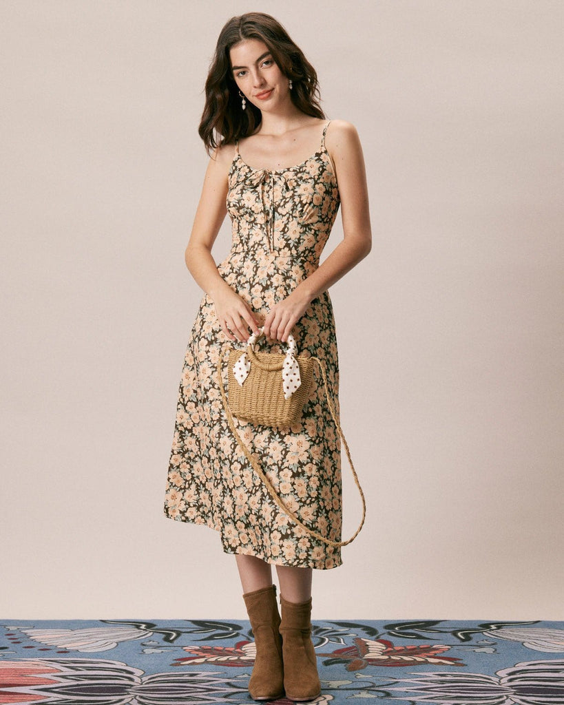 The Brown Floral Tie Midi Dress Brown Dresses - RIHOAS