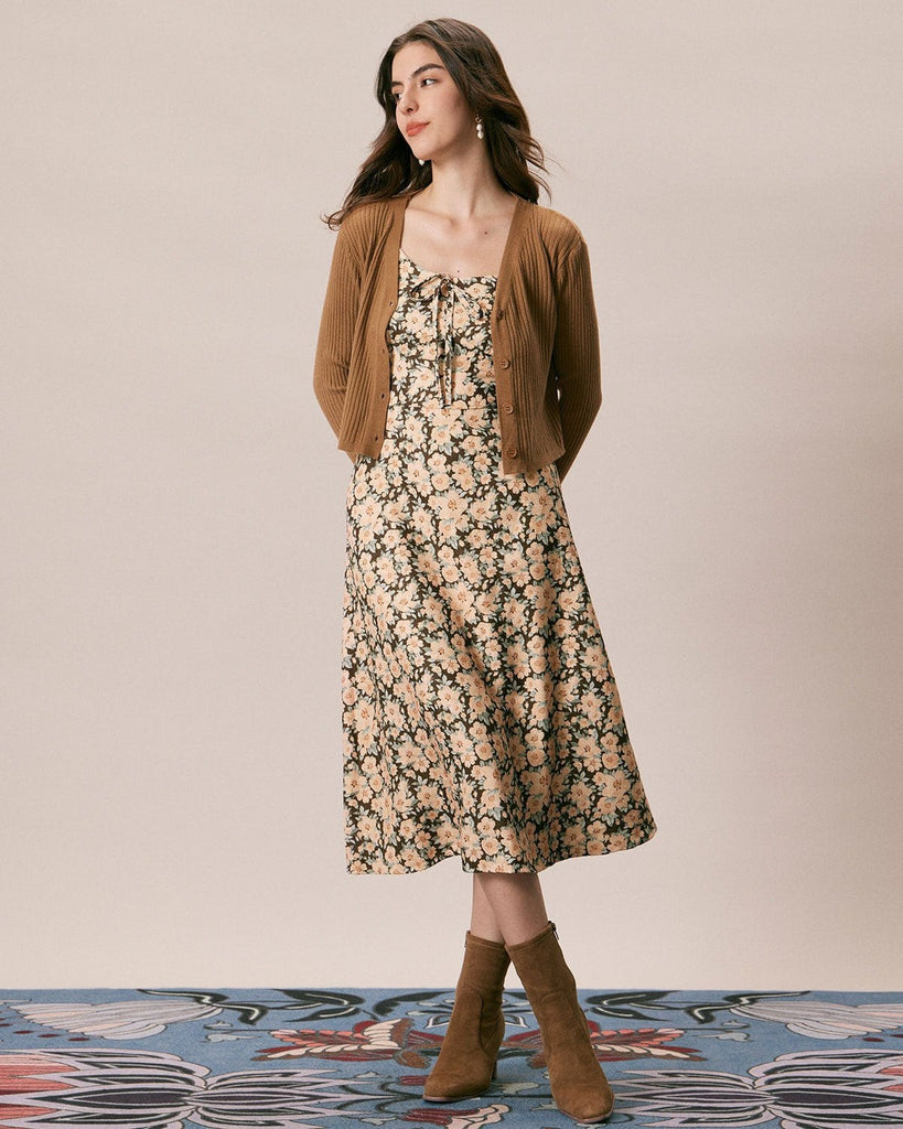 The Brown Floral Tie Midi Dress Dresses - RIHOAS