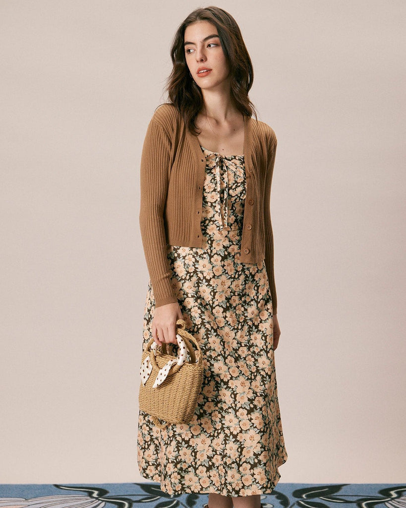 The Brown Floral Tie Midi Dress Dresses - RIHOAS