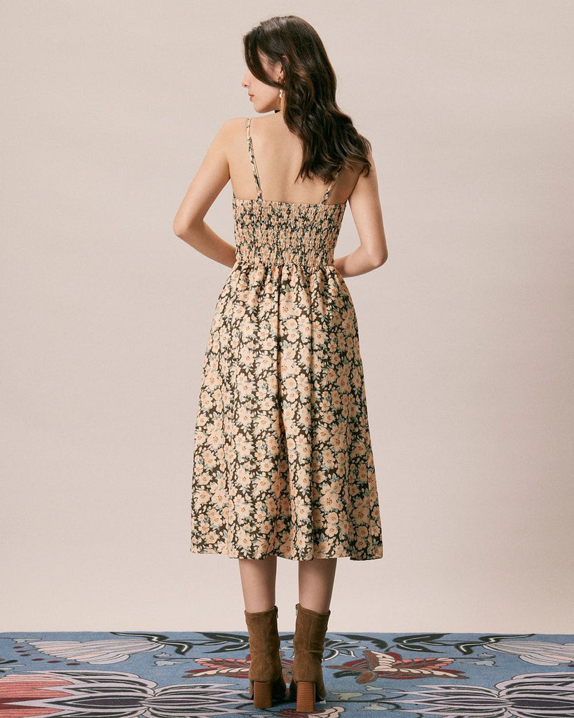 The Brown Floral Tie Midi Dress Dresses - RIHOAS