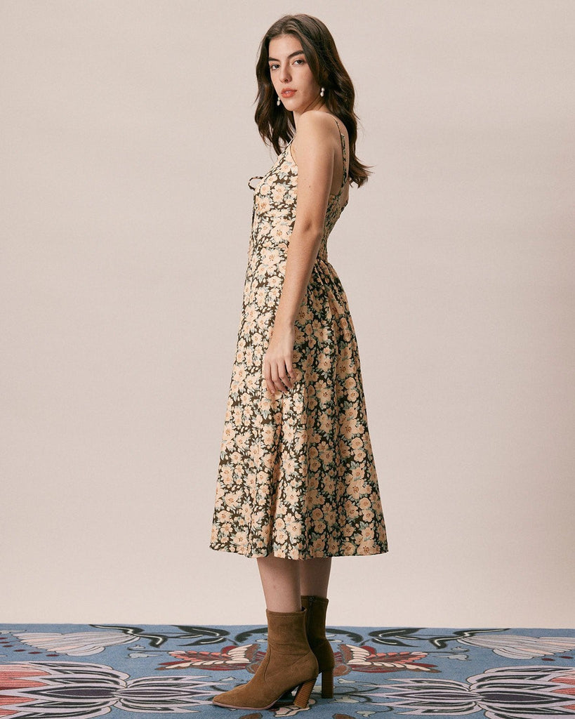 The Brown Floral Tie Midi Dress Dresses - RIHOAS